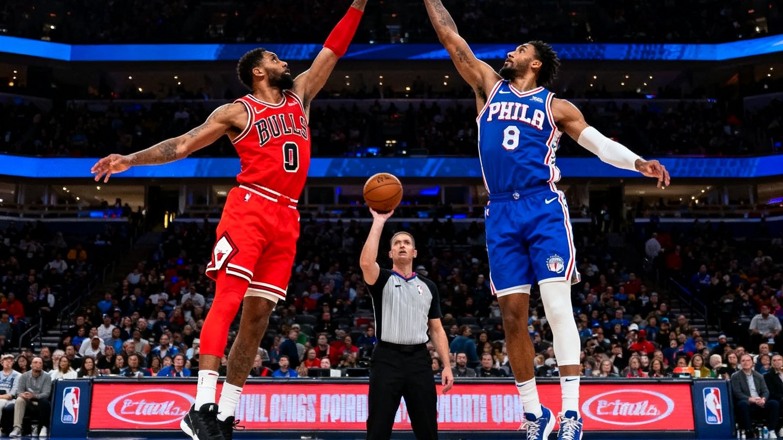 NBA篮球比赛高清直播画面，球员正在跳球开场的激烈瞬间